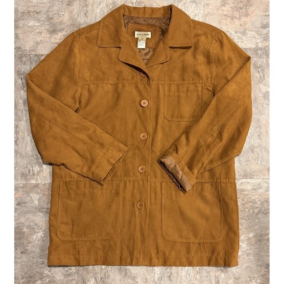 Studio Jackets & Blazers - Vintage Faux Suede Chore Coat Brown Button Up Shirt Jacket Size M Western Boho